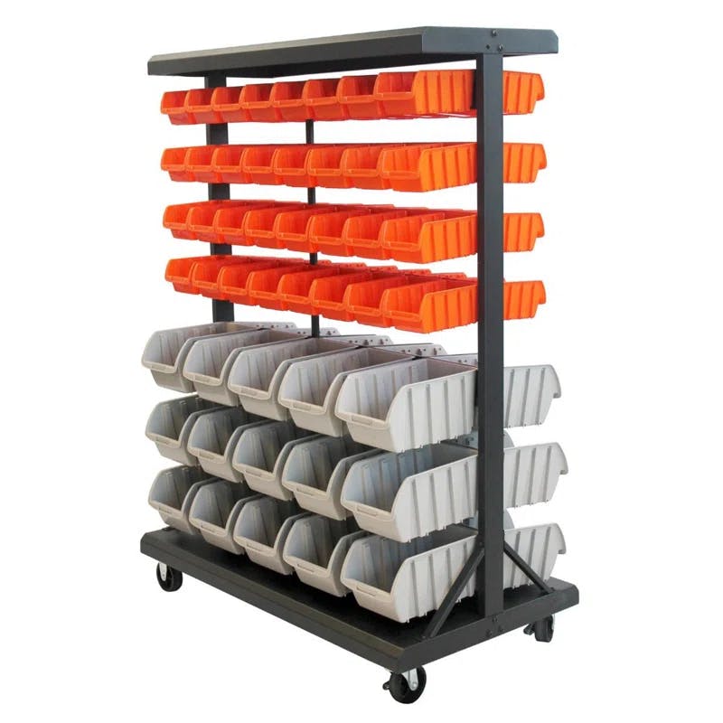 Dual-Sided Mobile 94-Bin Storage Rack with Wheels, Orange & Grey