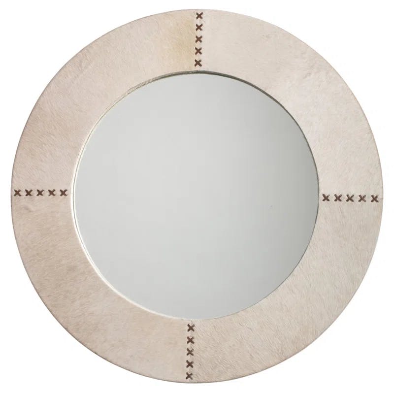 Whip-Stitched White Hide & Chocolate Leather Round Vanity Mirror