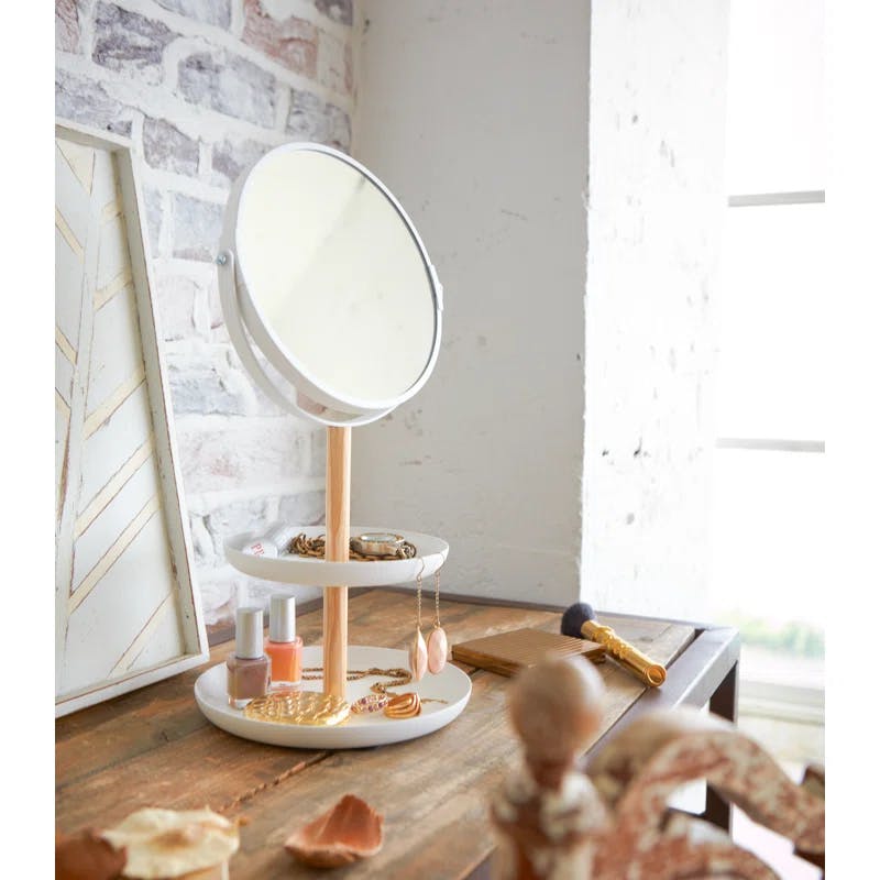 Tosca Scandinavian-Inspired White Steel Double-Tiered Accessory Tray with Rotating Mirror