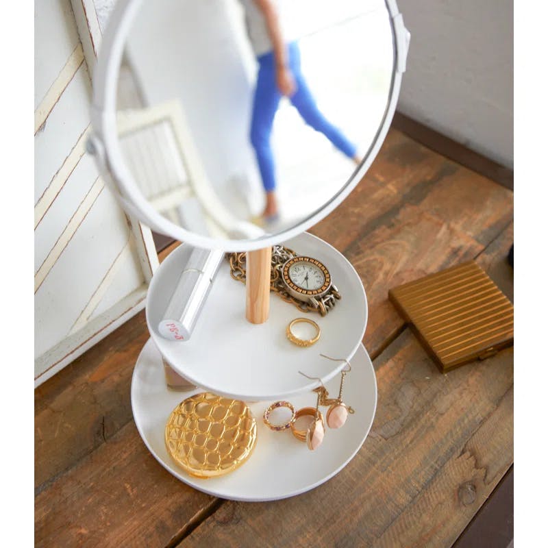 Tosca Scandinavian-Inspired White Steel Double-Tiered Accessory Tray with Rotating Mirror
