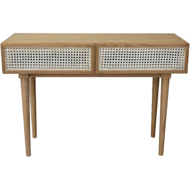 Smoked Oak & Rattan Dual-Drawer Console Table with Ball Bearing Glides