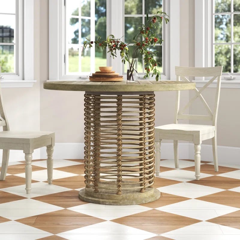 Cumberland 48" Round Beige Solid Wood & Rattan Dining Table
