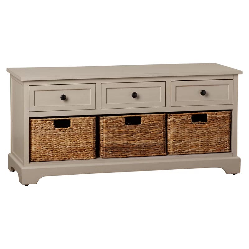 Transitional Gray 42" Solid Wood Storage Bench with Wicker Baskets