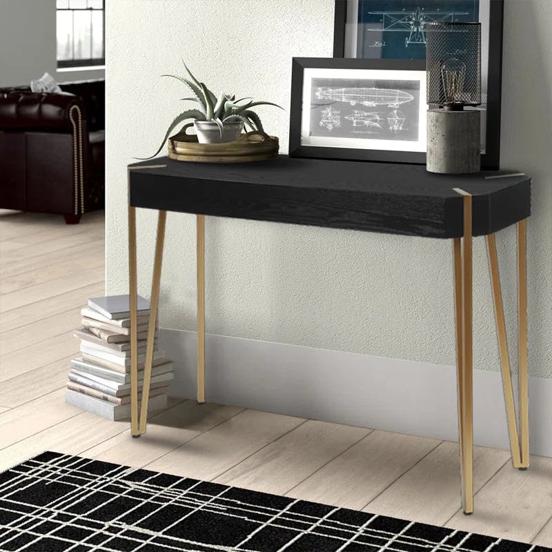 Modern Black Wood and Gold Metal 45'' Console Table with Storage