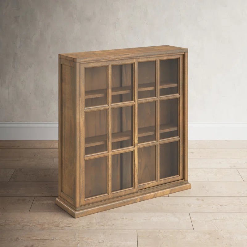 Transitional Oak 3-Tier 38" Bookcase with Sliding Glass Doors