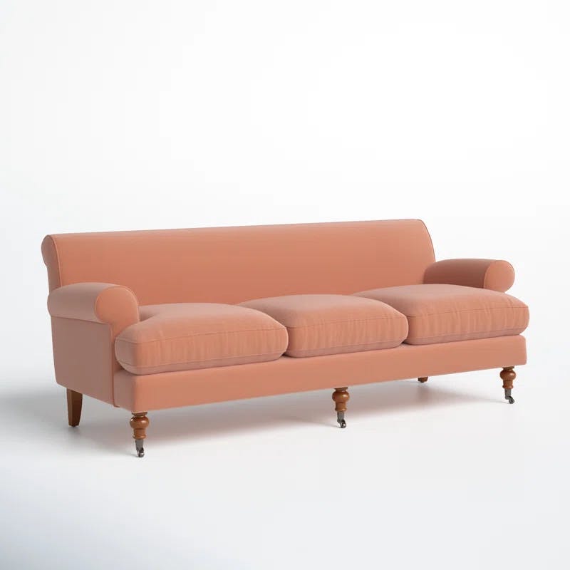 Peach Orange Velvet Lawson Sofa with Pinewood Frame and Removable Cushions
