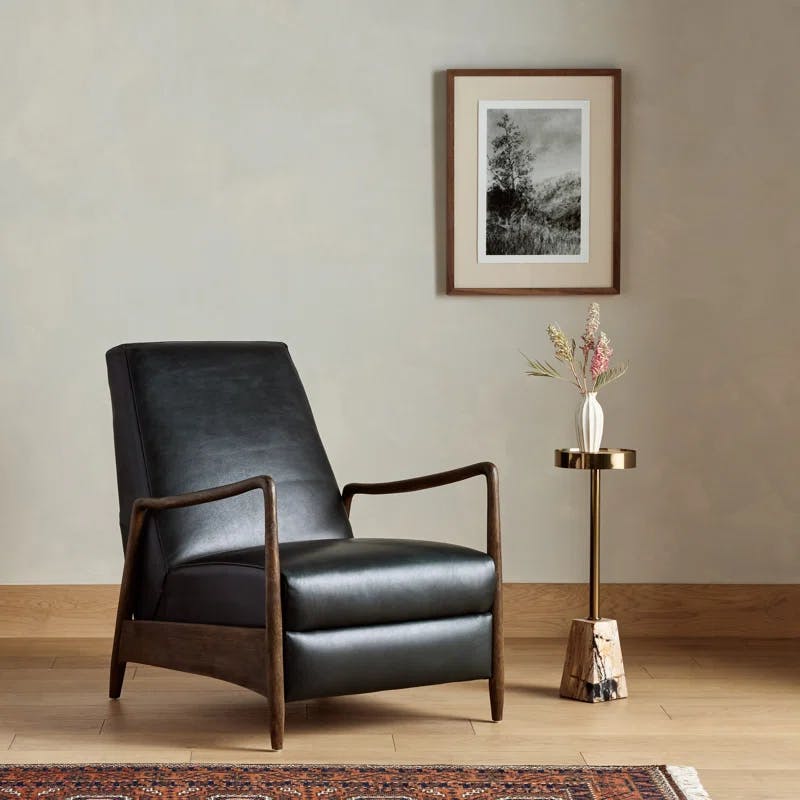 Dakota Black Handcrafted Leather Wood Recliner Accent Chair