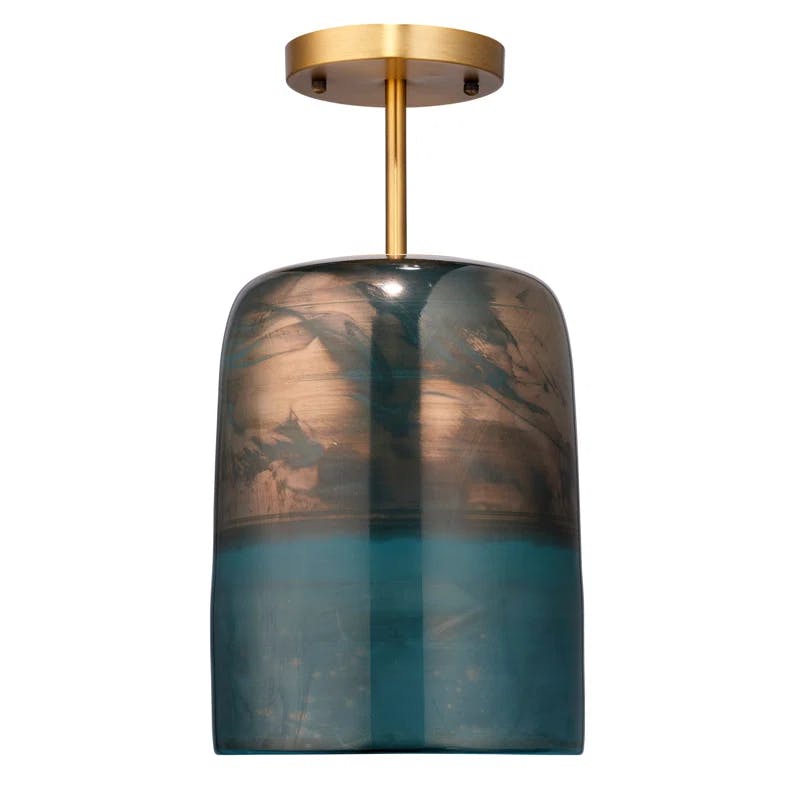 Aqua Metallic Glass & Antique Brass 1-Light Semi-Flush Ceiling Bowl