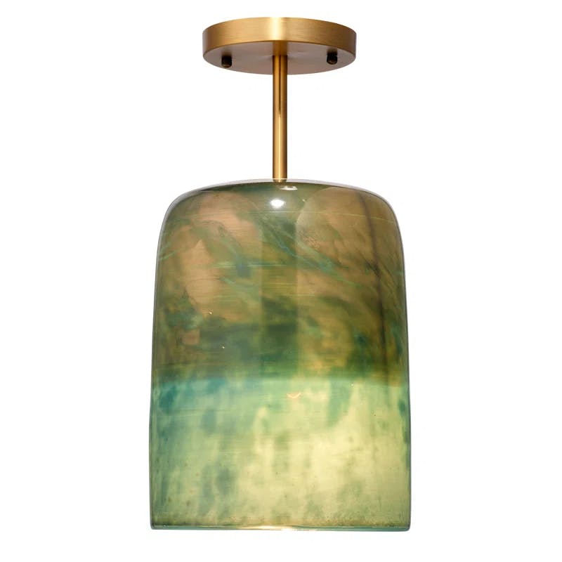 Aqua Metallic Glass & Antique Brass 1-Light Semi-Flush Ceiling Bowl