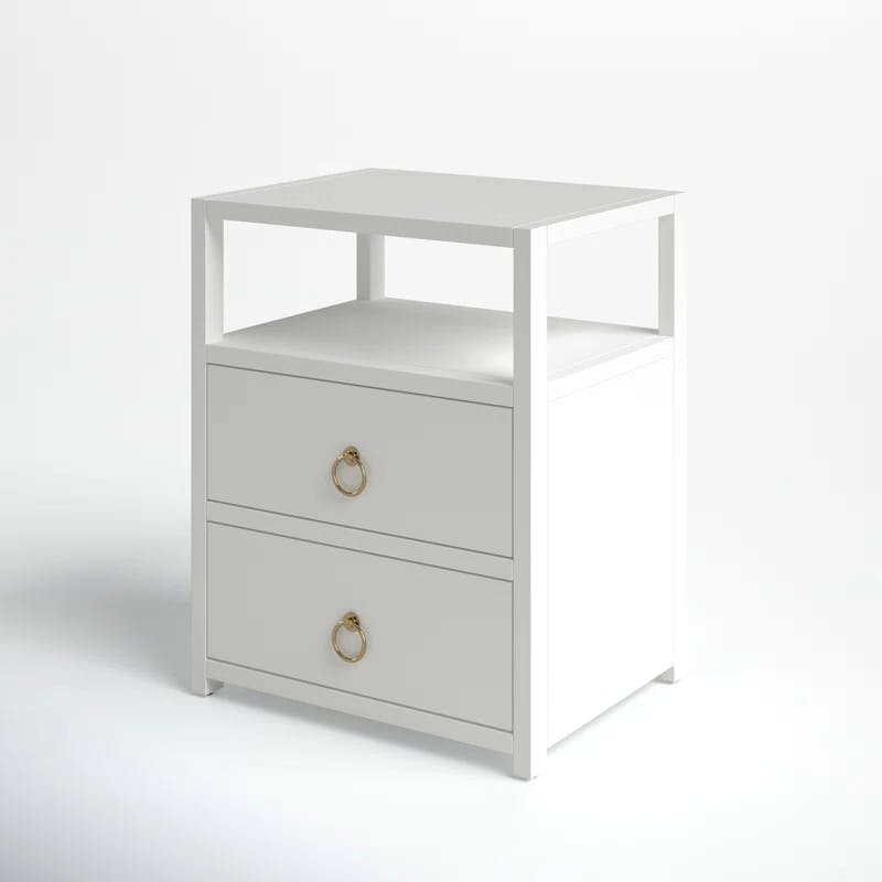 Luxe Minimalist White Acacia 2-Drawer Nightstand with Open Shelf