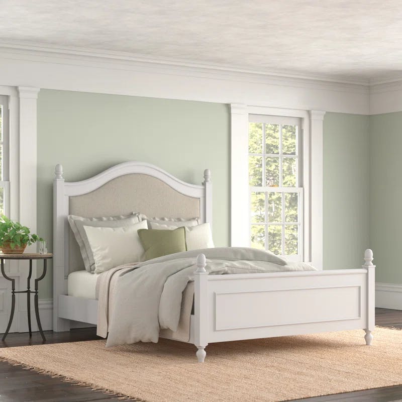 Elegant Transitional Queen Poster Bed with Linen Upholstered Headboard in White
