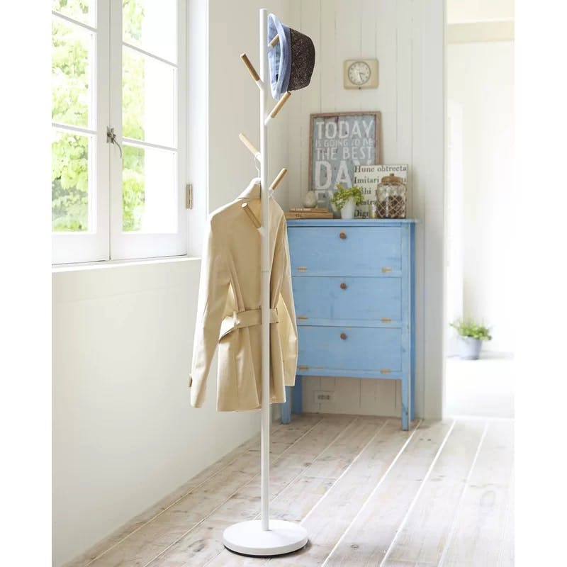 Modern Freestanding White Steel Coat Rack with Wooden Accents