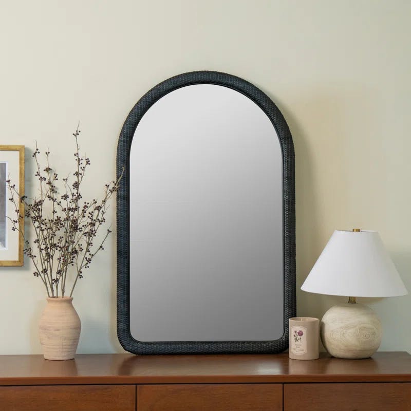 Kendrick 38'' Black Woven Rattan Arched Wall Mirror
