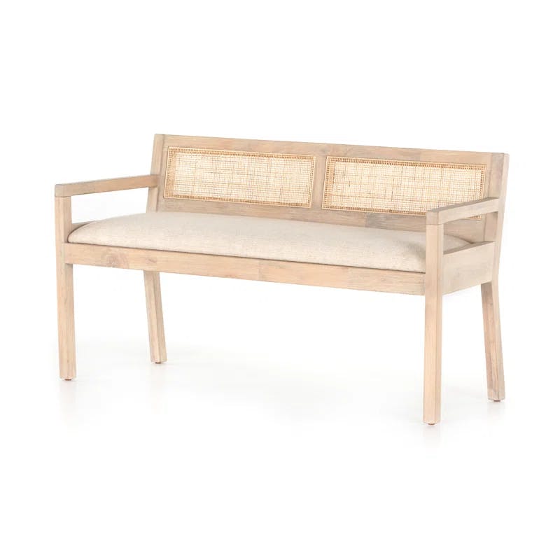 Contemporary Cream Mango Wood and Woven Cane 54" Bench