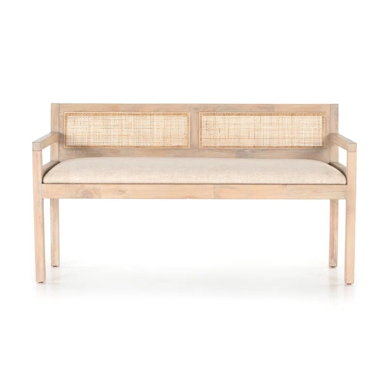 Contemporary Cream Mango Wood and Woven Cane 54" Bench