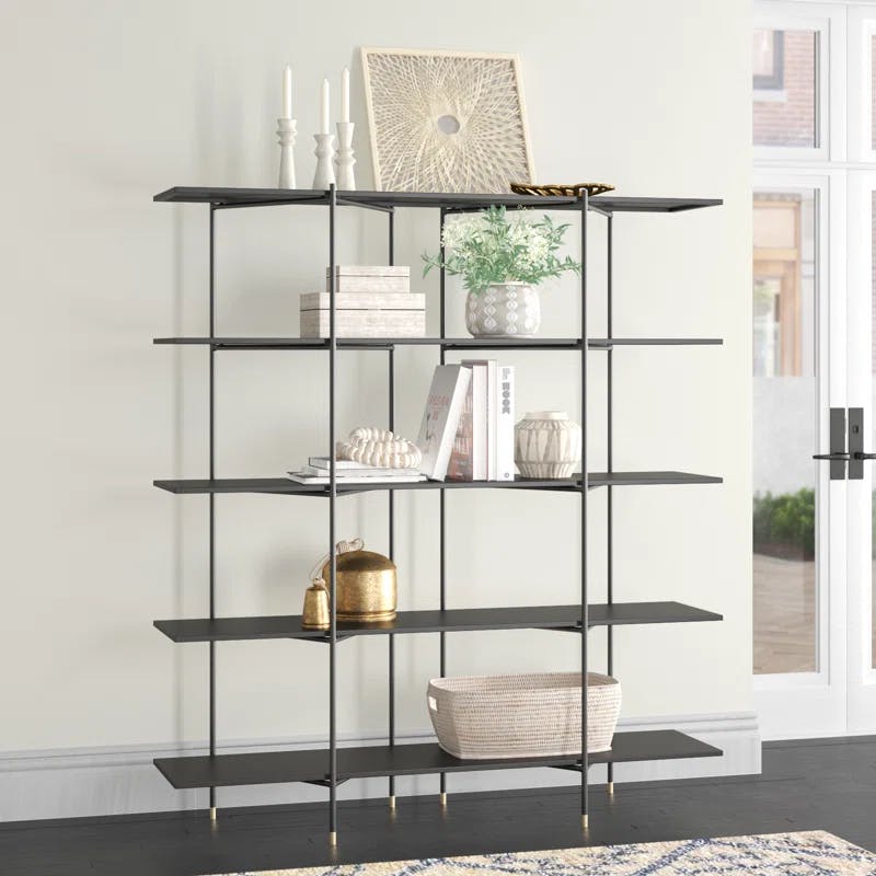 Cait Wide Industrial Black Iron Etagere Bookcase with Brass Accents