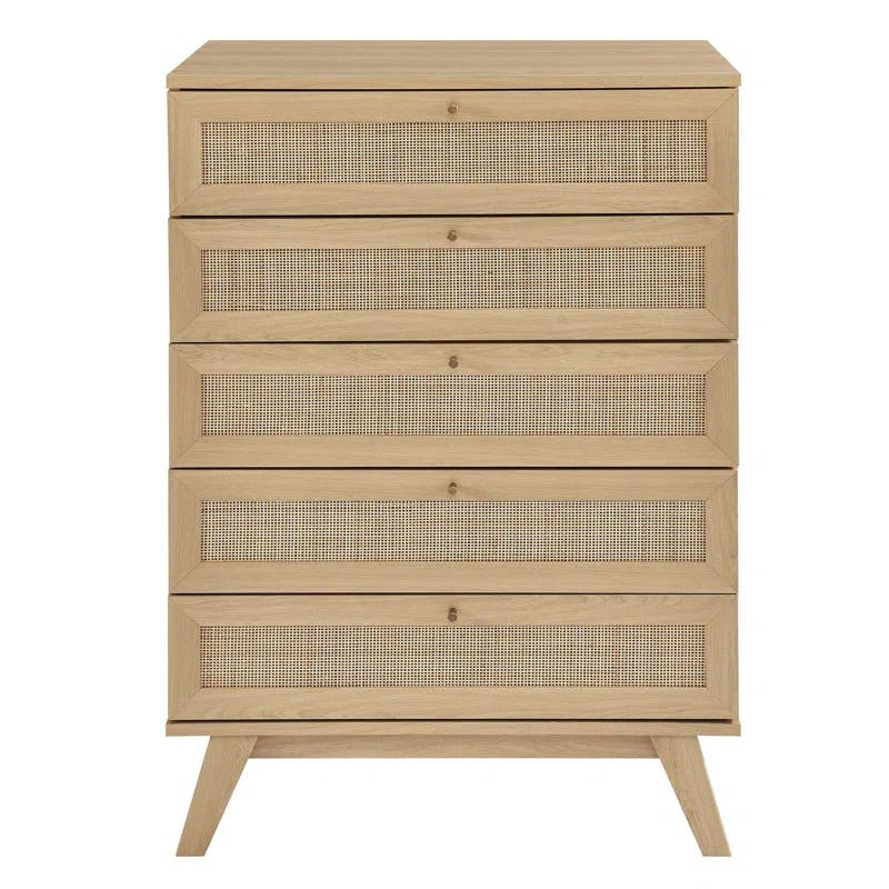 Soma Oak 5-Drawer Chest with Rattan Weave and Splayed Legs