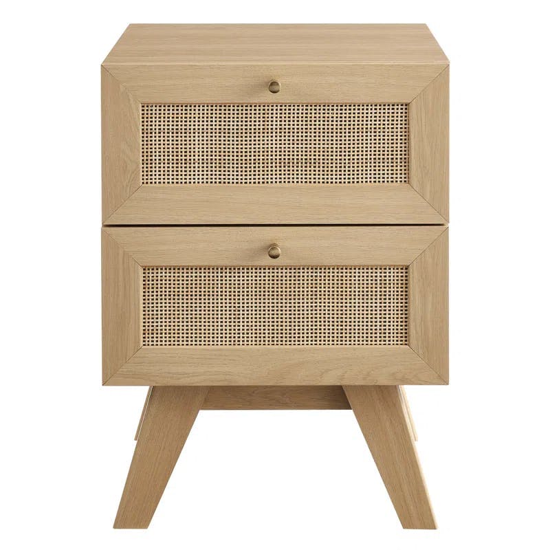 Soma Oak 2-Drawer Nightstand with Rattan Weave Detail