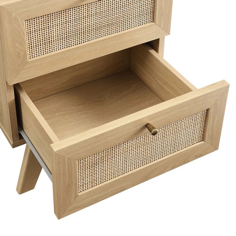 Soma Oak 2-Drawer Nightstand with Rattan Weave Detail