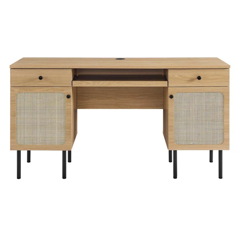Chaucer Oak Wood Executive Desk with Rattan Detail and Storage