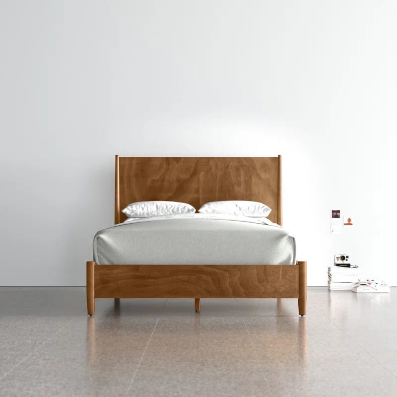 Transitional Mid-Century Queen Platform Bed with Drawer in Acorn Brown