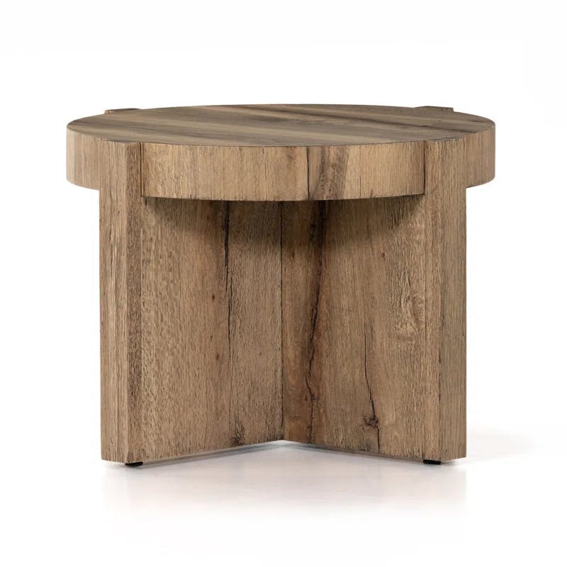 Rustic Oak Veneer Round Bingham End Table with Metal Accents