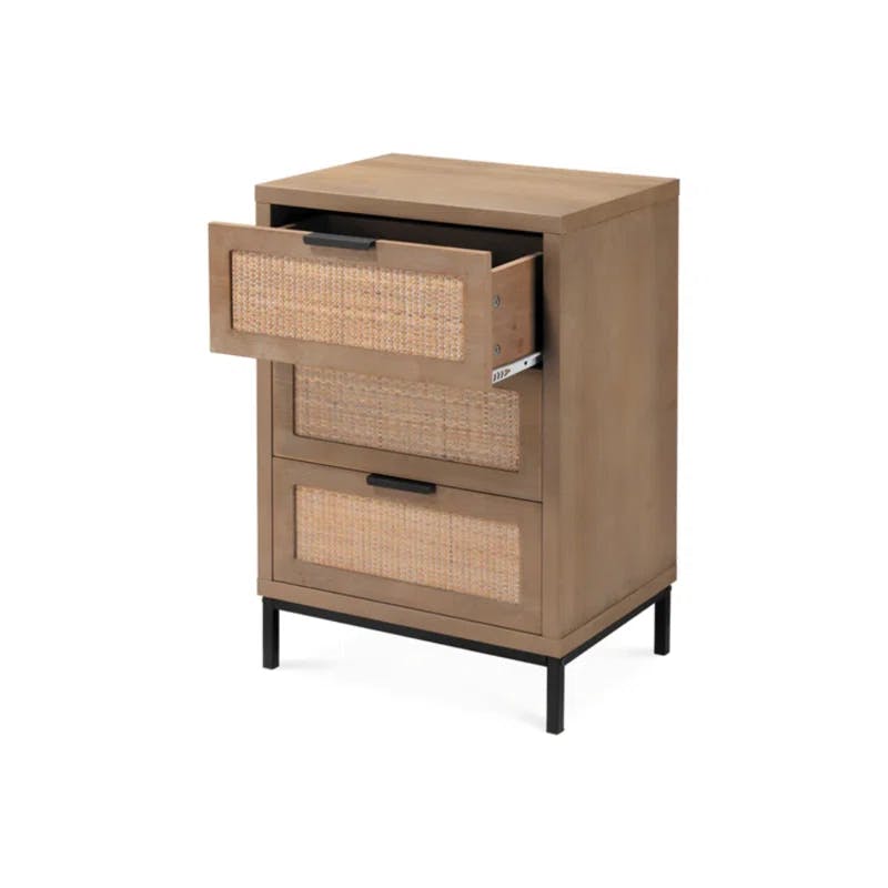 Coastal Charm 3-Drawer Wood & Iron Side Table with Rattan Accents