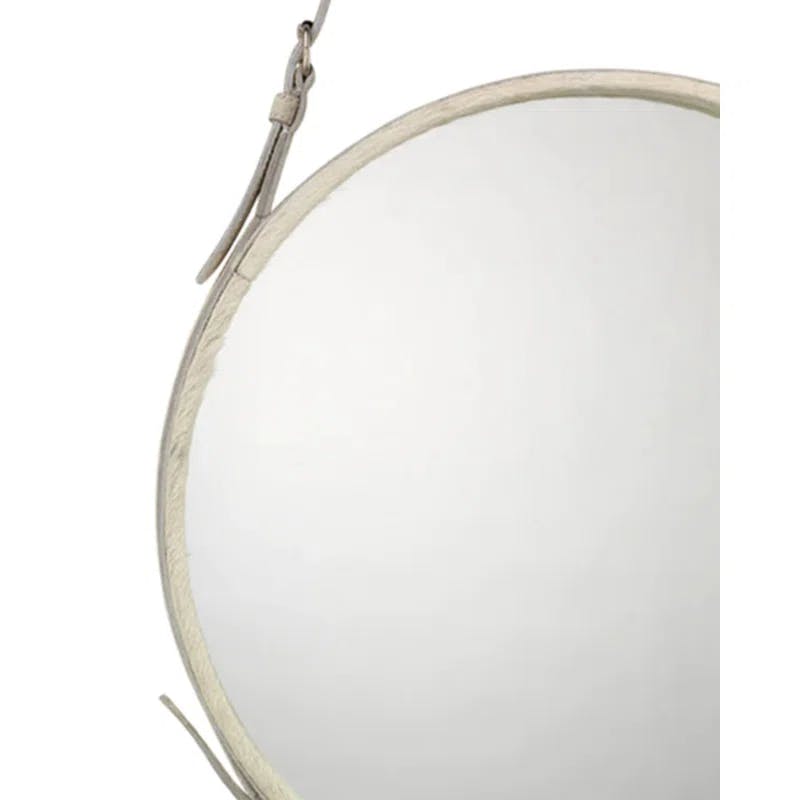 Contemporary Silver Leather Round Wall Mirror with Adjustable Strap