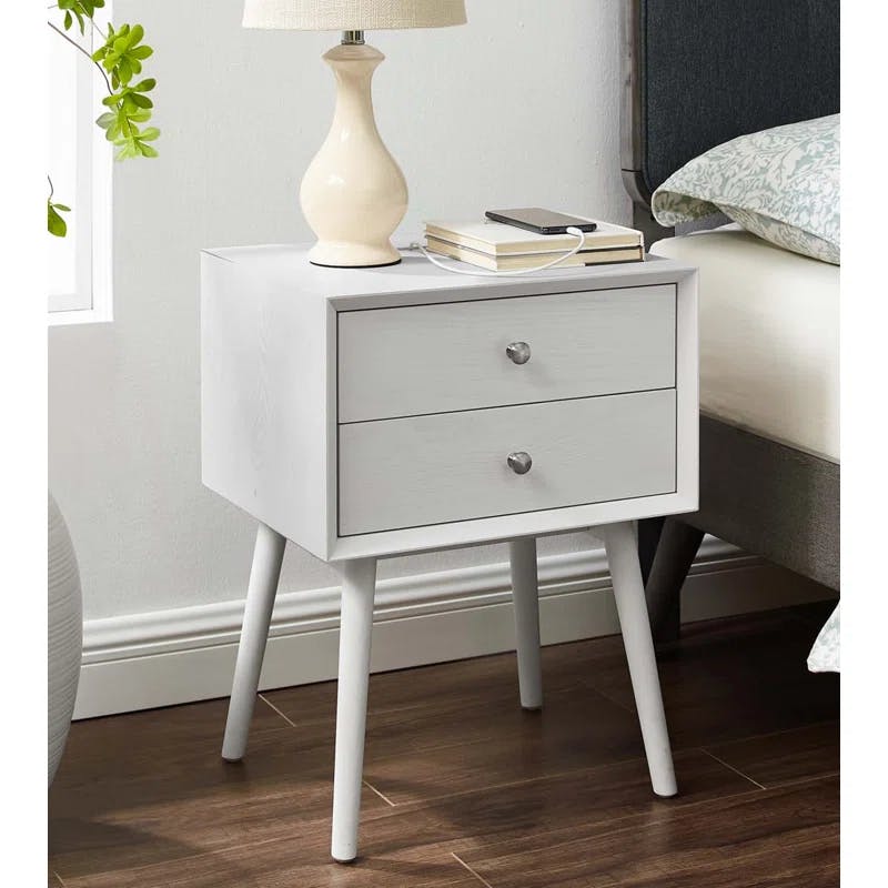 Mid-Century Modern White Wood Nightstand with USB Ports
