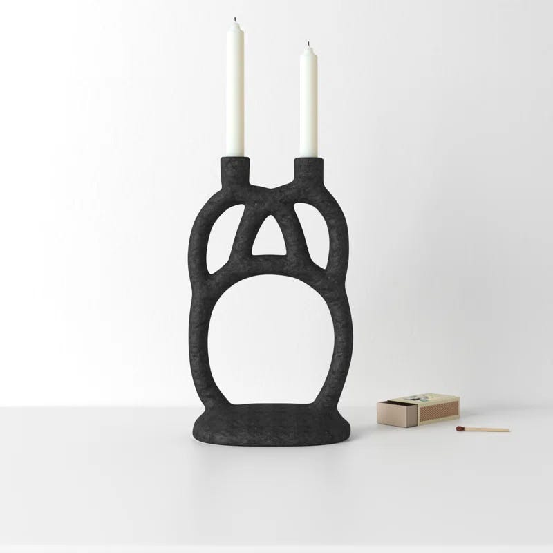 Sculptural Matte Black 11.5" Resin Double Candlestick