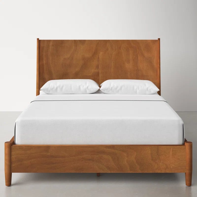 Transitional Mid-Century Queen Platform Bed with Drawer in Acorn Brown