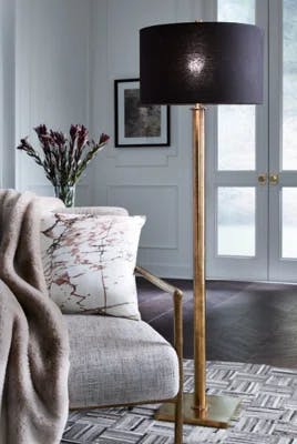 Contemporary Black and Gold Metal Floor Lamp with Fabric Shade