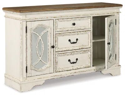 Chipped White and Distressed Wood Mirrored 59'' Rustic Sideboard