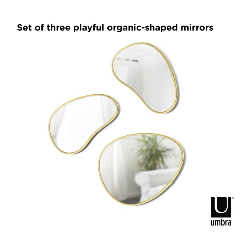 Set of 3 Whimsical Pebble Wall Mirrors in Brass Finish