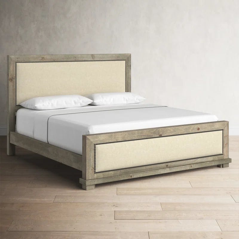 Willow Rustic Beige Queen Upholstered Bed with Nailhead Trim
