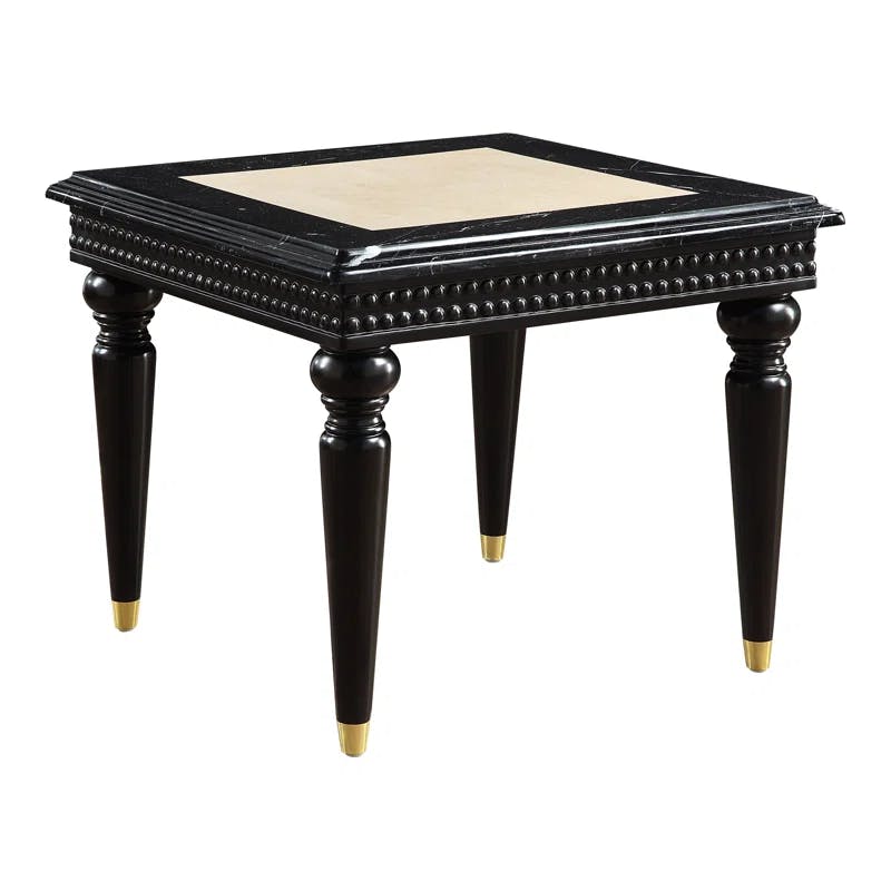 Tayden Classic Marble Top & Black Wood End Table with Brass Accents