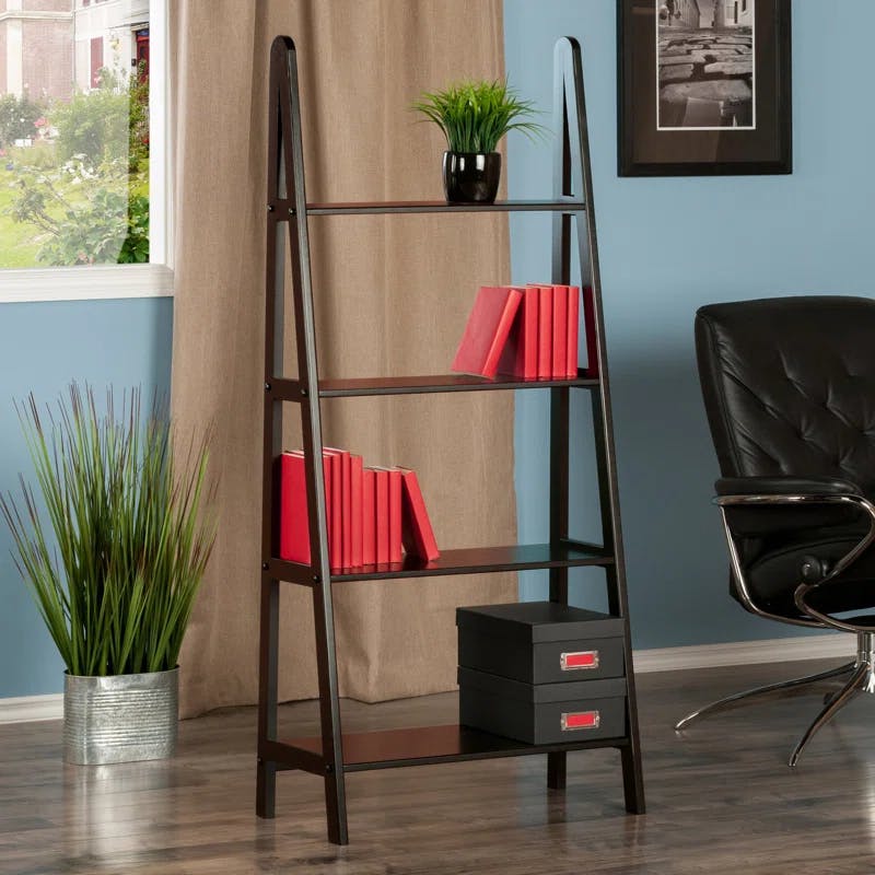 Transitional Espresso Wood 4-Tier Ladder Bookcase