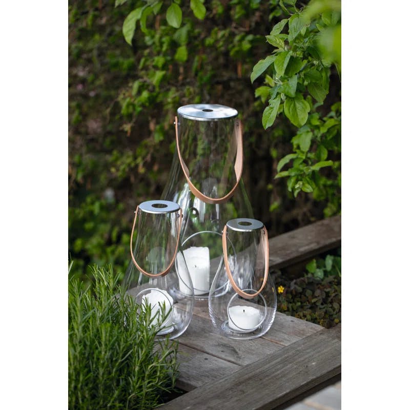 Scandinavian Clear Glass & Leather Hurricane Lantern, 17.7"