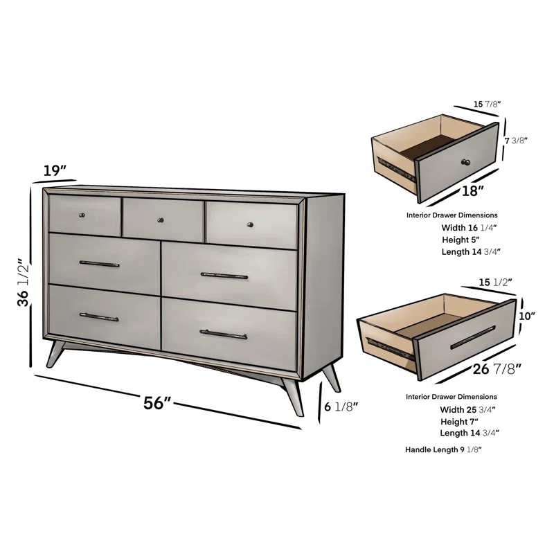 Flynn Gray Mahogany 7-Drawer Mid-Century Modern Dresser