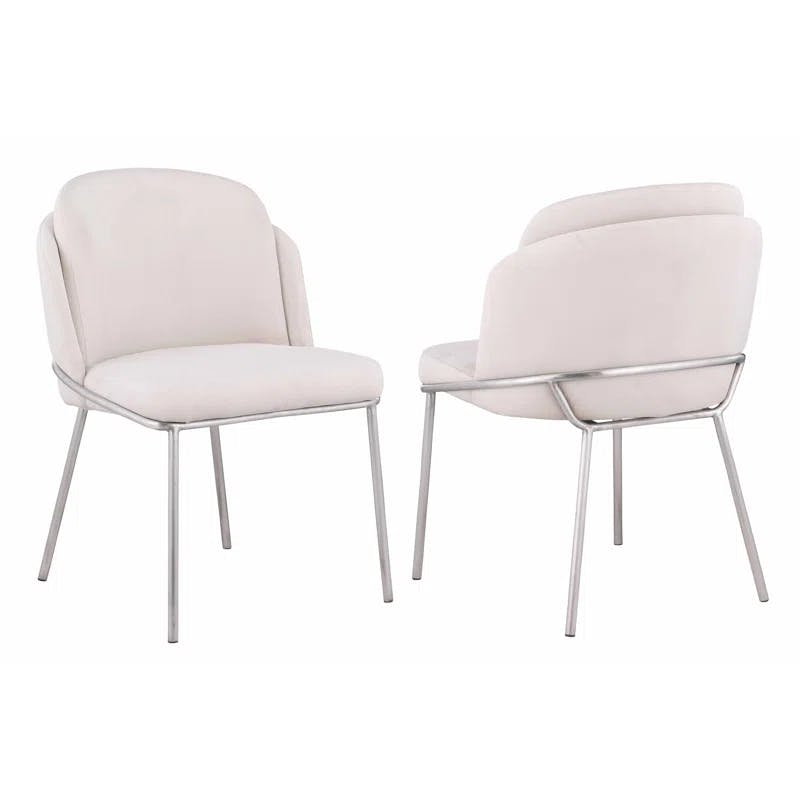 Kamila White Fabric Upholstered Side Chair with Brushed Stainless Steel Legs