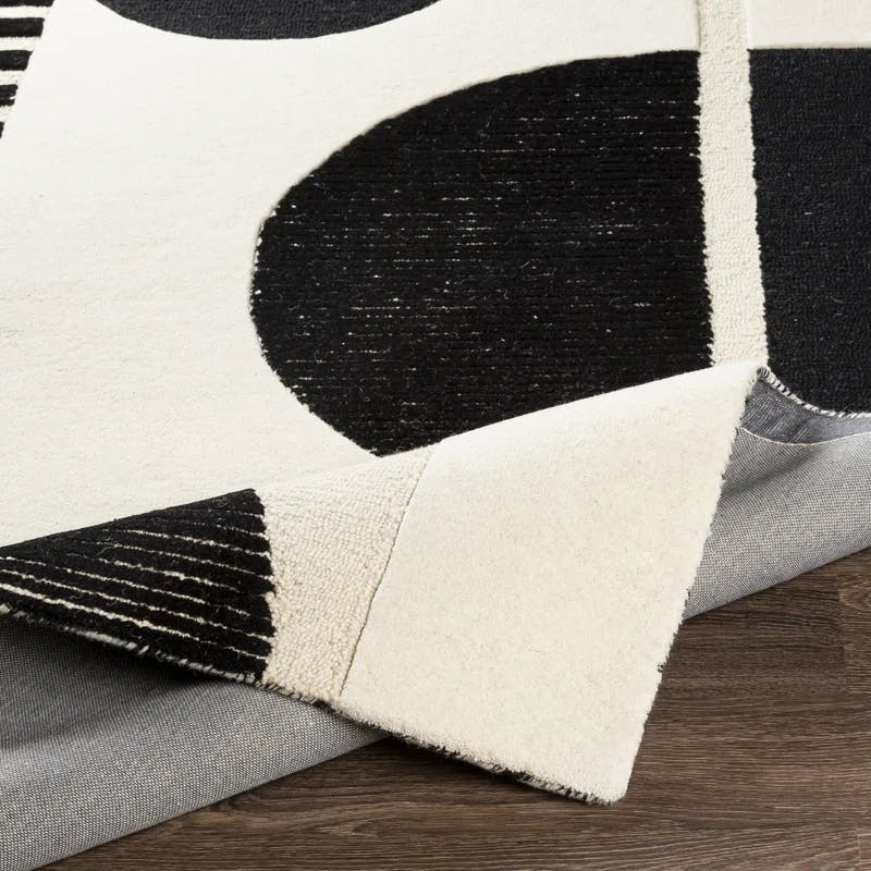 Mid-Century Modern Black and Cream Hand-Tufted Wool Area Rug 8'10"x12'