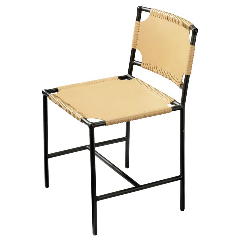 Cashew Brown Leather Sling-Style Dining Chair with Metal Frame