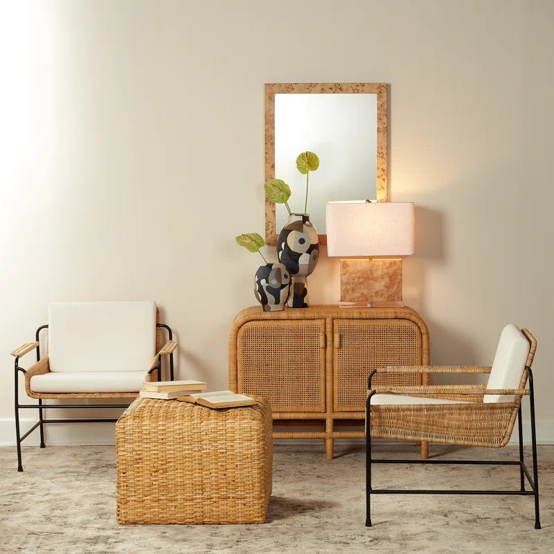 Coastal Contemporary White Rattan and Metal Accent Chair