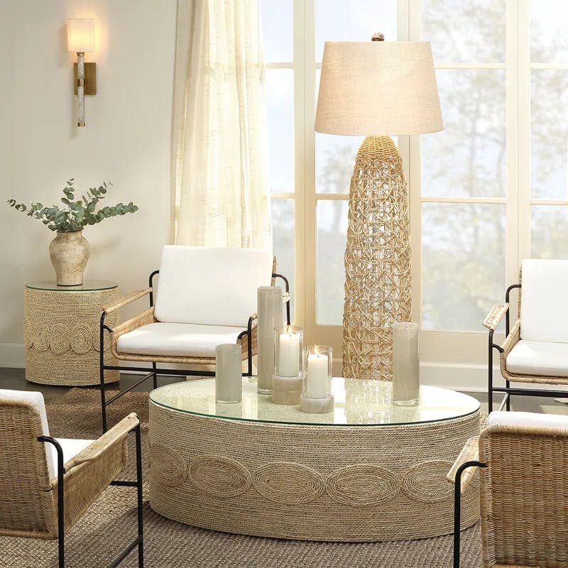 Coastal Contemporary White Rattan and Metal Accent Chair