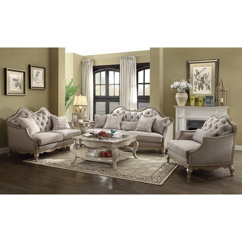 Chelmsford Antique Taupe and Beige Fabric Tufted Armchair