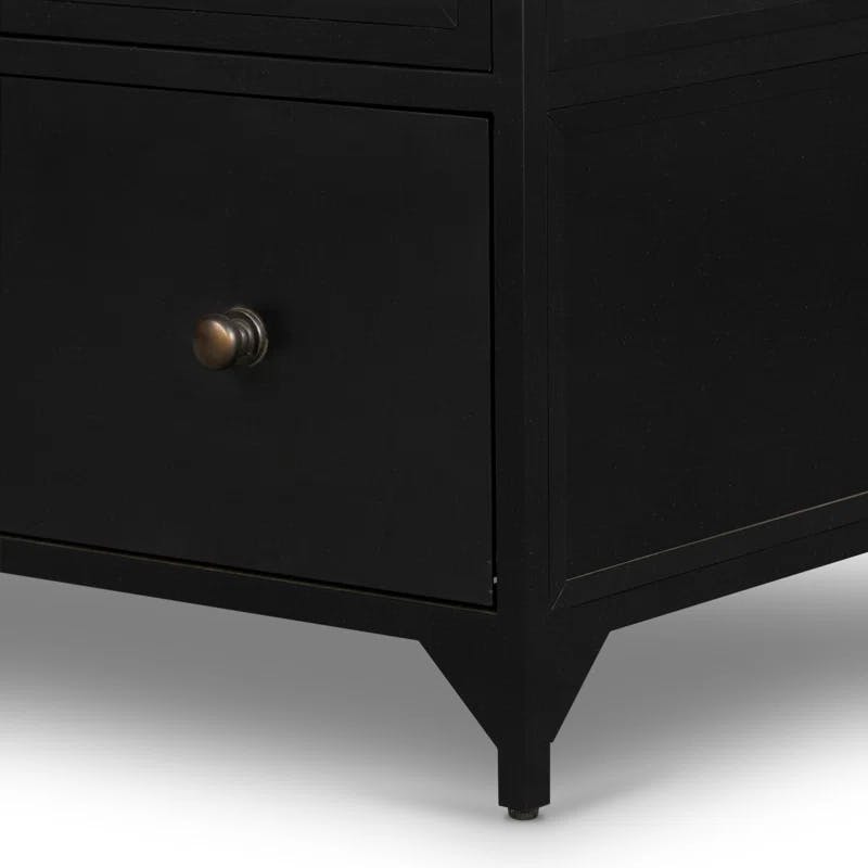 Elegant Black Iron Curio Cabinet with Glass Doors and Brass Knobs