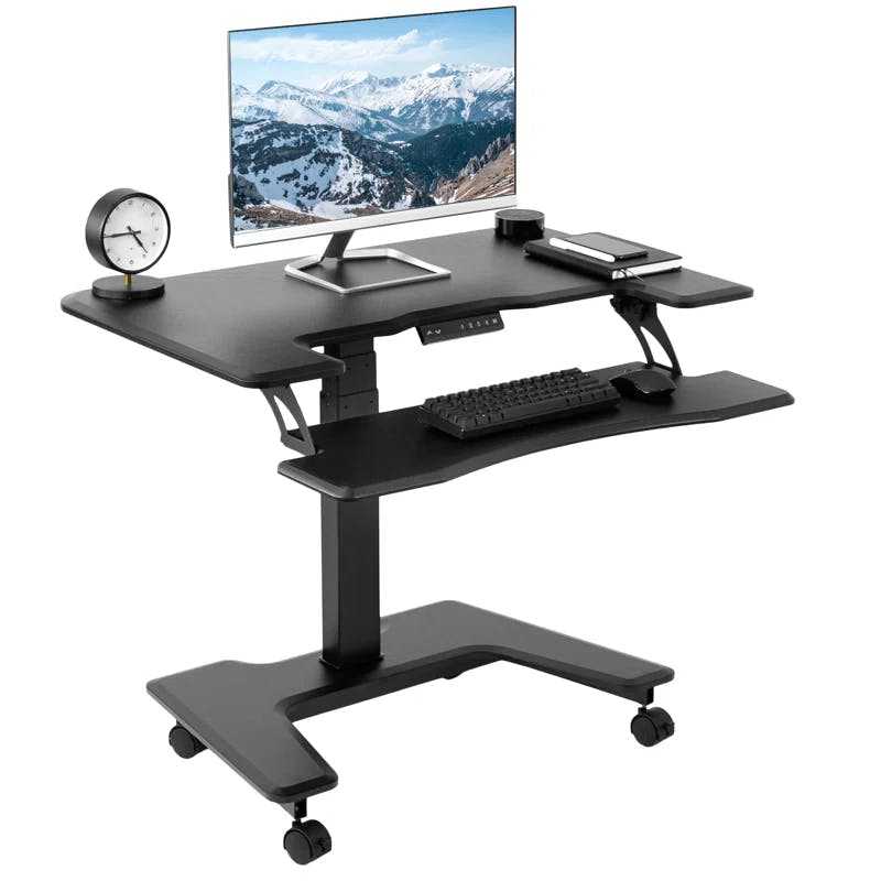 Sleek 36" Black Electric Mobile Standing Desk with Adjustable Height and Keyboard Tray