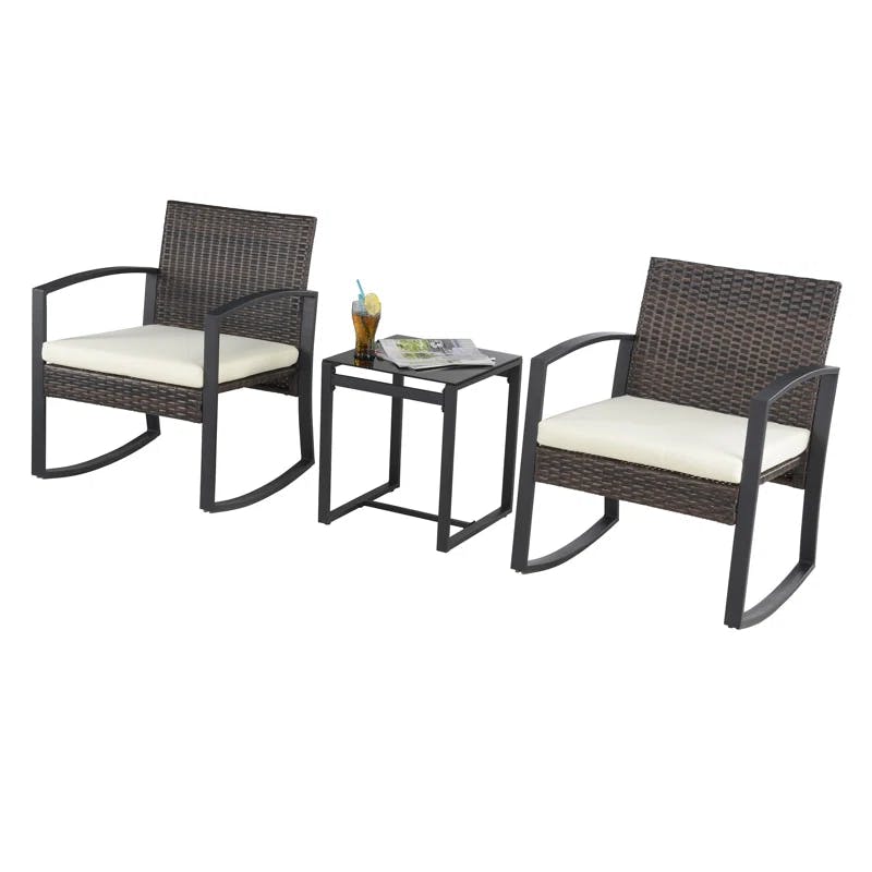 Beige Faux Rattan 2-Person Outdoor Rocking Chair Set with Side Table