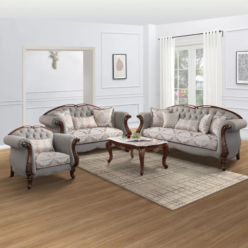 Cherry Finish 90'' Tufted Fabric Sofa with Nailhead Detail