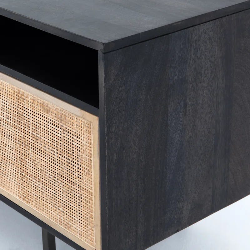 Carmel 65'' Black Wash Contemporary Mango Wood Media Console with Cabinet